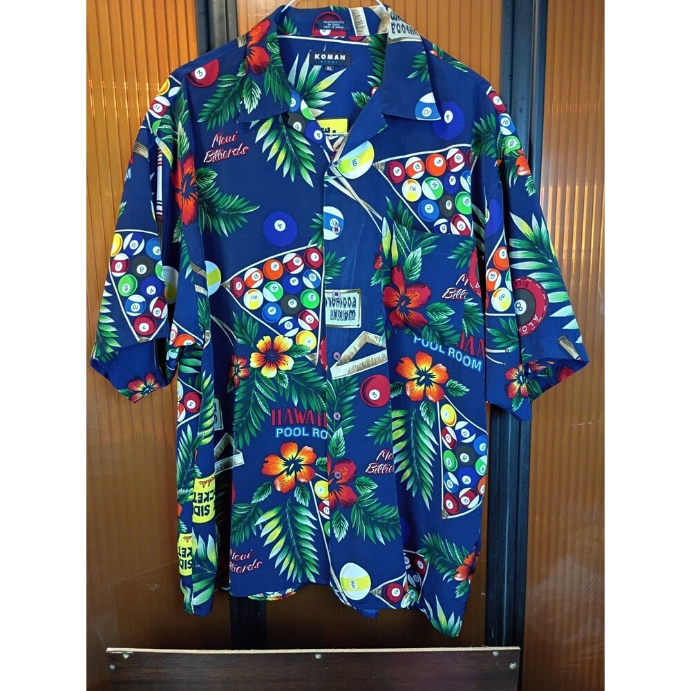 Men KOMAN Sz XL Navy Hawaiian Vacation Button Front Shirt Billiards Pool